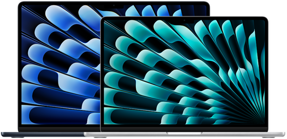 Modelli di MacBook Air da 13 e 15 pollici visti frontalmente che mostrano le dimensioni degli schermi (misurate in diagonale)