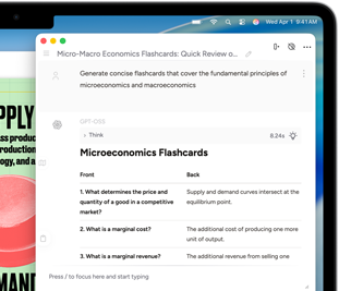 Schermo di un MacBook Air che mostra gli Strumenti di scrittura di Apple Intelligence usati per creare flashcard di microeconomia e macroeconomia