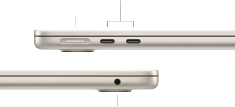 MacBook Air chiuso mostrato di lato; sul lato sinistro si notano la porta MagSafe e due porte Thunderbolt, e sul lato destro il jack per cuffie