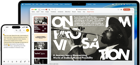 iPhone 16 Plus con del testo evidenziato nell’app Note, MacBook Air con una diapositiva Keynote aperta che contiene lo stesso testo dell’app Note
