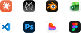 Icone delle app Claude by Anthropic, Perplexity AI, Blender, Microsoft Excel, Visual Studio Code, Adobe Photoshop, Lovable e Figma