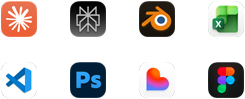 Icone delle app Claude by Anthropic, Perplexity AI, Blender, Microsoft Excel, Visual Studio Code, Adobe Photoshop, Lovable e Figma