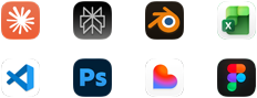 Icone delle app Claude by Anthropic, Perplexity AI, Blender, Microsoft Excel, Visual Studio Code, Adobe Photoshop, Lovable e Figma