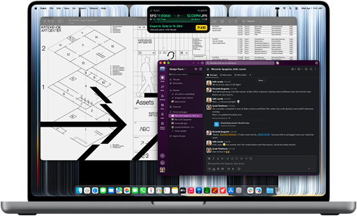 MacBook Pro color argento aperto con display PROLED XDR, sul display si notano varie finestre aperte tra cui Slack, Anteprima e Flighty