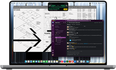 MacBook Pro color argento aperto con display PROLED XDR, sul display si notano varie finestre aperte tra cui Slack, Anteprima e Flighty