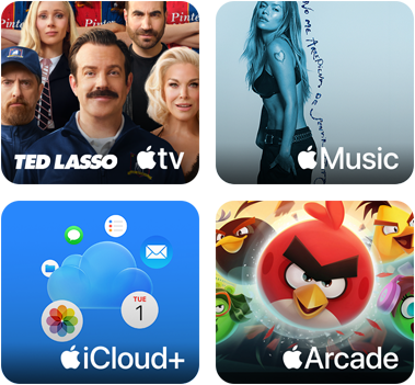 Quattro riquadri, il riquadro di Apple TV mostra i personaggi della serie Ted Lasso, il riquadro di Apple Music mostra la copertina dell’album 5ive di Davido, il riquadro di iCloud Plus mostra una nuvola circondata dalle icone delle app Foto, Calendario, Mail, Promemoria, Messaggi e File, il riquadro di Apple Arcade mostra i personaggi del gioco Angry Birds