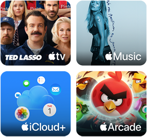 Quattro riquadri, il riquadro di Apple TV mostra i personaggi della serie Ted Lasso, il riquadro di Apple Music mostra la copertina dell’album 5ive di Davido, il riquadro di iCloud Plus mostra una nuvola circondata dalle icone delle app Foto, Calendario, Mail, Promemoria, Messaggi e File, il riquadro di Apple Arcade mostra i personaggi del gioco Angry Birds