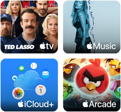 Quattro riquadri, il riquadro di Apple TV mostra i personaggi della serie Ted Lasso, il riquadro di Apple Music mostra la copertina dell’album 5ive di Davido, il riquadro di iCloud Plus mostra una nuvola circondata dalle icone delle app Foto, Calendario, Mail, Promemoria, Messaggi e File, il riquadro di Apple Arcade mostra i personaggi del gioco Angry Birds
