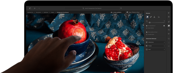 MacBook Pro con display PROLED XDR con l’immagine di una natura morta con melagrane e ceramiche e tessuti blu; una mano si avvicina allo schermo per interagire con l’immagine