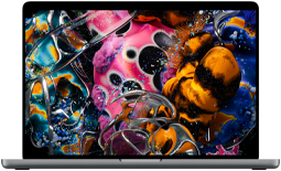 MacBook Pro con display PROLED XDR, color argento, aperto, lo schermo mostra un’immagine dettagliata con contrasto elevato e colori brillanti