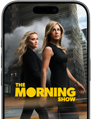 Un iPhone 17 mostrato di fronte con una schermata della serie Apple TV+ “The Morning Show”
