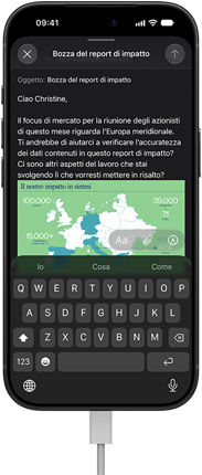 iPhone 18 Pro nero collegato a un alimentatore, il display mostra un’email di lavoro in Mail