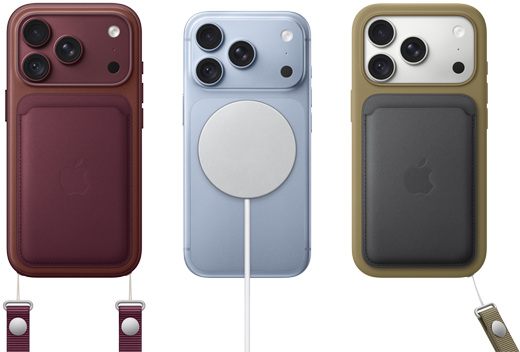 Da sinistra a destra: iPhone 18 Pro con custodia in pelle borgogna e laccetto da polso borgogna, iPhone 18 Pro ghiacciaio con alimentatore MagSafe bianco agganciato, iPhone 18 Pro color argento con portafoglio in pelle verde e laccetto da polso