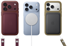 Da sinistra a destra: iPhone 18 Pro con custodia in pelle borgogna e laccetto da polso borgogna, iPhone 18 Pro ghiacciaio con alimentatore MagSafe bianco agganciato, iPhone 18 Pro color argento con portafoglio in pelle verde e laccetto da polso