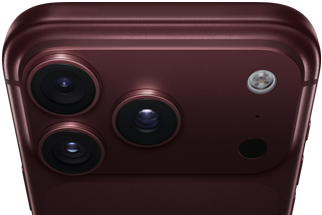 iPhone 18 Pro Max borgogna (rosso scuro) mostrato da dietro, sistema di fotocamere Pro Fusion nella parte superiore, 3 obiettivi, diaframma ad apertura variabile parzialmente chiuso, flash, microfono e scanner LiDAR, mostrati dall’alto, antenna cellulare, lati piatti, bordi arrotondati