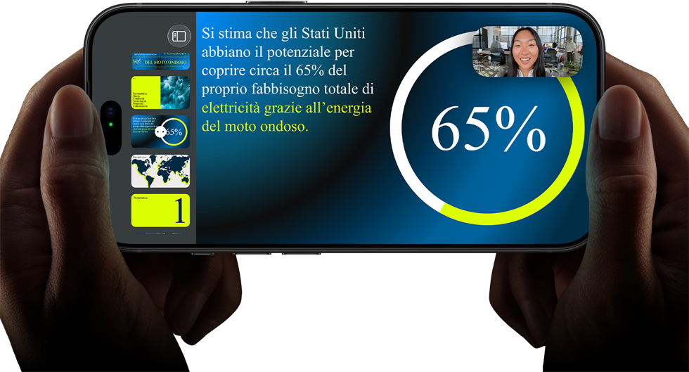 Una videochiamata in orizzontale che mostra una presentazione Keynote su un iPhone 18 Pro nero