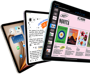 Tre iPad Air che mostrano varie app e funzioni di iPadOS