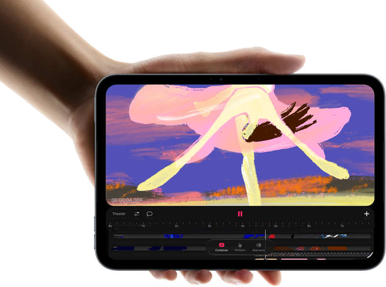 Una mano che tiene un iPad mini mostrato di fronte, si nota l’interfaccia di un’app di editing video con clip colorate, sotto viene menzionato il chip A20 Pro