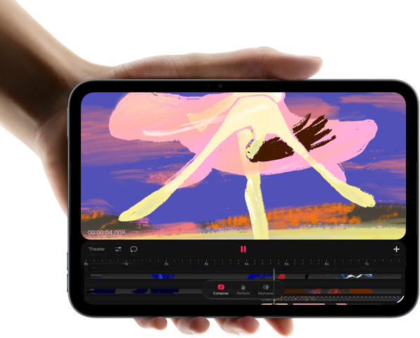 Una mano che tiene un iPad mini mostrato di fronte, si nota l’interfaccia di un’app di editing video con clip colorate, sotto viene menzionato il chip A20 Pro