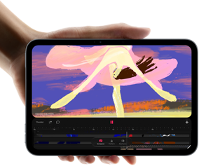 Una mano che tiene un iPad mini mostrato di fronte, si nota l’interfaccia di un’app di editing video con clip colorate, sotto viene menzionato il chip A20 Pro
