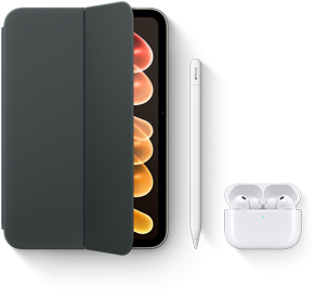 Un iPad mini con accessori compatibili, tra cui una custodia Smart Folio per iPad mini (A20 Pro), una Apple Pencil USB-C e gli AirPods Pro 3