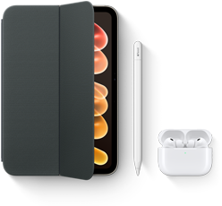 Un iPad mini con accessori compatibili, tra cui una custodia Smart Folio per iPad mini (A20 Pro), una Apple Pencil USB-C e gli AirPods Pro 3