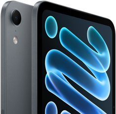Un iPad mini color mezzanotte mostrato da dietro per evidenziare la posizione della fotocamera, e un iPad mini mostrato in diagonale di fronte, sullo schermo compare la scritta AppleCare+ con alcune descrizioni