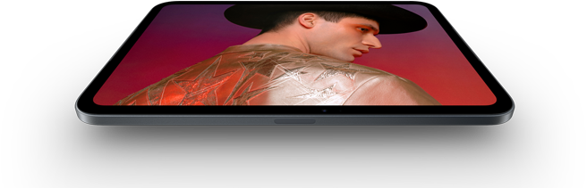 Un iPad mini con display OLED da 8,5 pollici che mostra una persona con cappello e giacca, in neri profondi e brillanti