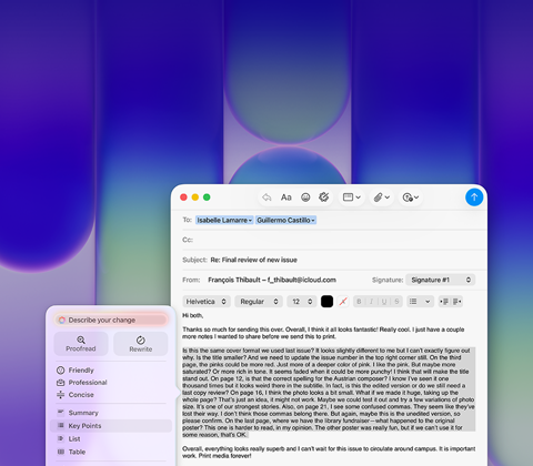 Schermata di un MacBook Neo, con gli Strumenti di scrittura di Apple Intelligence che vengono usati per rivedere un lungo paragrafo in un’email contenente un commento su una pubblicazione