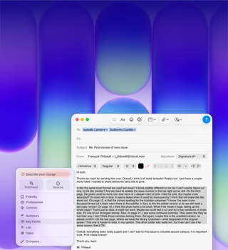 Schermata di un MacBook Neo, con gli Strumenti di scrittura di Apple Intelligence che vengono usati per rivedere un lungo paragrafo in un’email contenente un commento su una pubblicazione