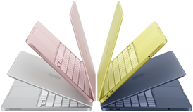 Portatili MacBook Neo nei colori argento, rosa pastello, giallo agrume e indaco, leggermente aperti e disposti a semicerchio
