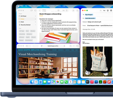 MacBook Neo indaco, sullo schermo un’email di benvenuto per una persona che ha appena iniziato a lavorare in una libreria; le altre finestre disposte a mosaico contengono un documento di Note sull’onboarding e il portale web per il personale della libreria aperto su Safari