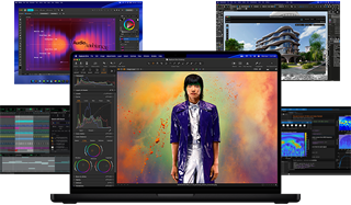 Una serie di schermate colorate provenienti da app per la produzione musicale, la grafica, l’animazione 3D e l’editing fotografico su Mac per mostrare le sue potenti prestazioni grafiche