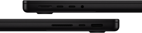 Le porte di MacBook Pro: lato sinistro, porta MagSafe 3, due porte Thunderbolt e jack cuffie; lato destro, slot SDXC card, una porta Thunderbolt e porta HDMI