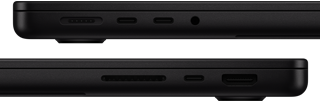 Le porte di MacBook Pro: lato sinistro, porta MagSafe 3, due porte Thunderbolt e jack cuffie; lato destro, slot SDXC card, una porta Thunderbolt e porta HDMI