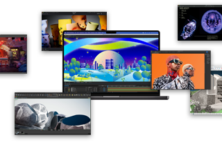 Schermate di MacBook Pro che mostrano varie app, fra cui Adobe After Effects, Keynote, DaVinci Resolve, Autodesk Maya con renderer Arnold, Adobe Photoshop, Houdini e SketchUp