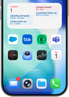 Schermata home dell’iPhone che mostra varie app per il lavoro e la produttività, con un programma dettagliato di impegni nel Calendario